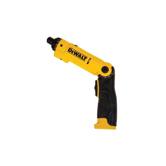 A DEWALT yellow and black cordless screwdriver with a pivoting handle, viewed from the side against a white background.
