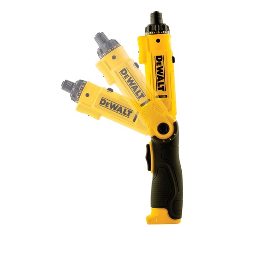 A DEWALT yellow and black cordless screwdriver with a pivoting handle shown in three different positions against a white background.