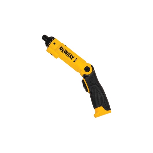 A DEWALT branded yellow and black cordless screwdriver with an ergonomic handle and adjustable angle, shown against a white background.