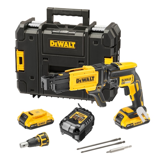 DEWALT cordless drywall screw gun kit, including a yellow and black screw gun, two batteries, charger, two bits, a nose cone attachment, and a sturdy carry case.