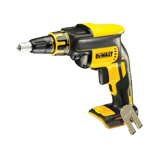 DEWALT cordless drywall screw gun in yellow and black, shown without battery, for professional construction use.