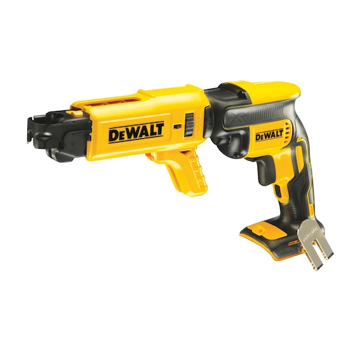 A DEWALT cordless drywall screw gun, model DCF620N, shown in yellow and black colors with ergonomic grip and a detachable belt hook, designed for efficient fastening of drywall panels.