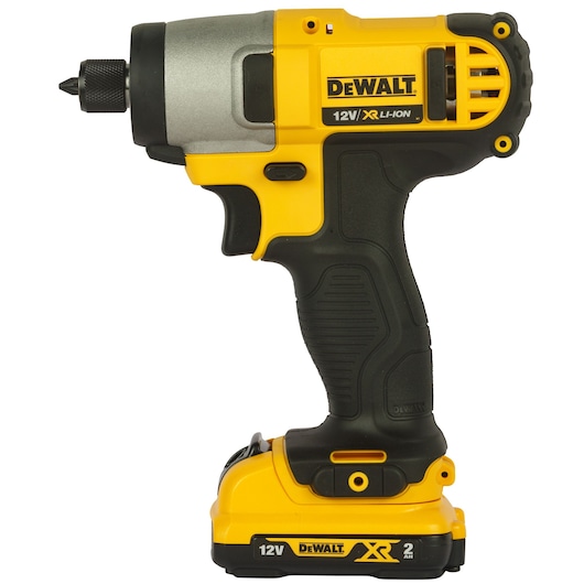 A yellow and black DEWALT 12V XR Li-Ion cordless impact driver, model DCF815D2, shown from the side with battery attached.