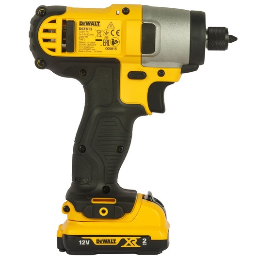 A DEWALT DCF815D2 12V cordless impact driver with a yellow and black design, featuring a rubberized grip, a metal front housing, and XR 2Ah battery, shown from the side.