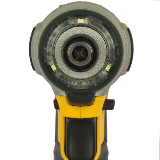 Close-up front view of a DEWALT DCF815D2 cordless compact impact driver, showing the chuck and LED lights.