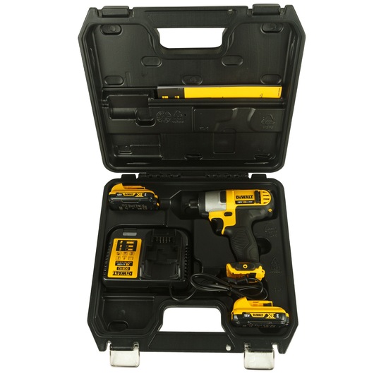 A DEWALT DCF815D2 cordless impact driver kit with a yellow and black impact driver, two batteries, a charger, and a black carrying case.