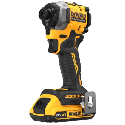 A DEWALT 18V XR Brushless cordless impact driver, featuring a black and yellow design, ergonomic grip, and a metal belt clip on the base.