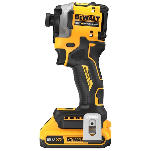 Side view of a DEWALT 18V XR Brushless cordless impact driver, model DCF850D2T. The tool is yellow and black with a belt clip and an 18V battery attached at the bottom.