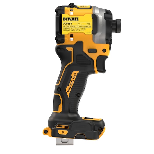 Product image of a DEWALT DCF850N 18V brushless impact driver in yellow and black, showing a side view of the cordless power tool with its handle, trigger, and metal belt hook clearly visible.