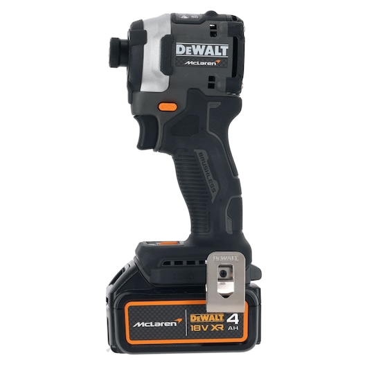 DEWALT 18V XR McLaren cordless impact driver with 4Ah battery, brushless, black and silver design.