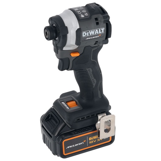 DEWALT McLaren 18V cordless impact driver, black with orange accents, brushless, compact design.