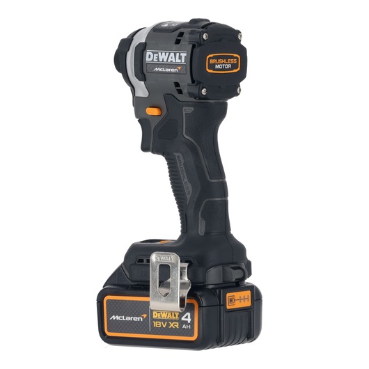 DEWALT cordless impact driver with 18V XR 4Ah battery, brushless motor and McLaren branding on black handle.