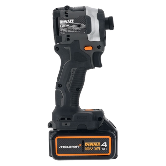 Cordless DEWALT impact driver, 18V XR, 4Ah battery, McLaren edition, brushless motor, side view.