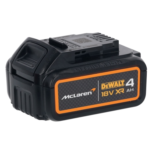 DEWALT 18V XR 4Ah lithium-ion battery, black with McLaren branding, used for power tools.