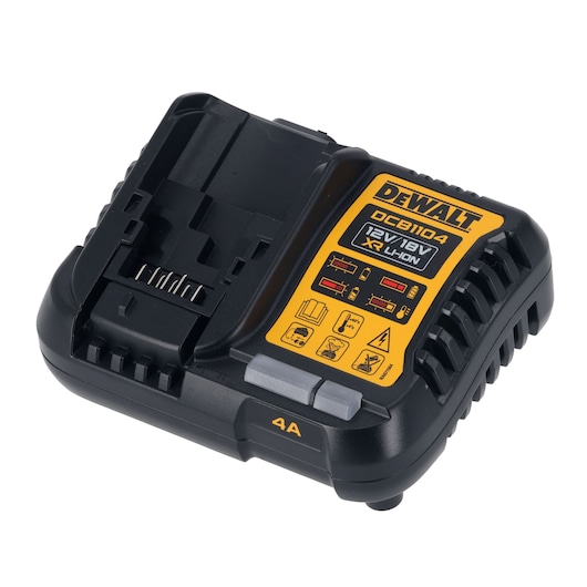 DEWALT DCB1104 battery charger for 12V/18V XR Li-Ion batteries, black with yellow label and indicator lights.
