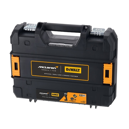 Black DEWALT tool case with McLaren branding, orange accents, metal latches, and sturdy handle.