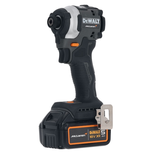 Cordless DEWALT impact driver with black and orange accents, 18V XR battery and belt clip.