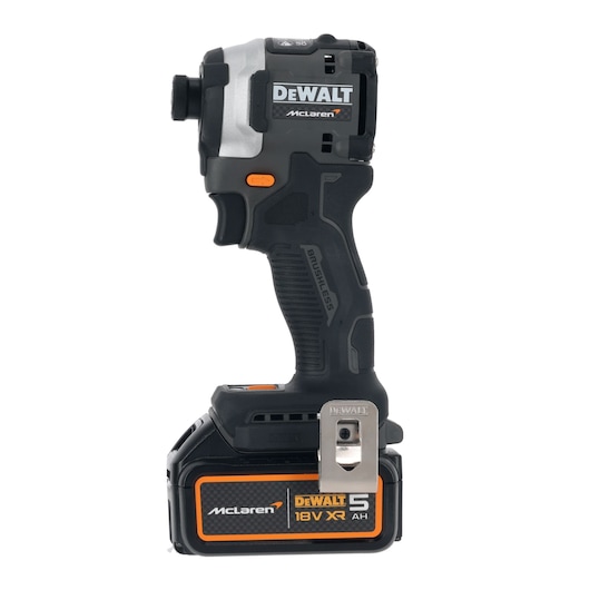 DEWALT cordless impact driver, black and orange, 18V XR brushless with McLaren branding and battery attached.