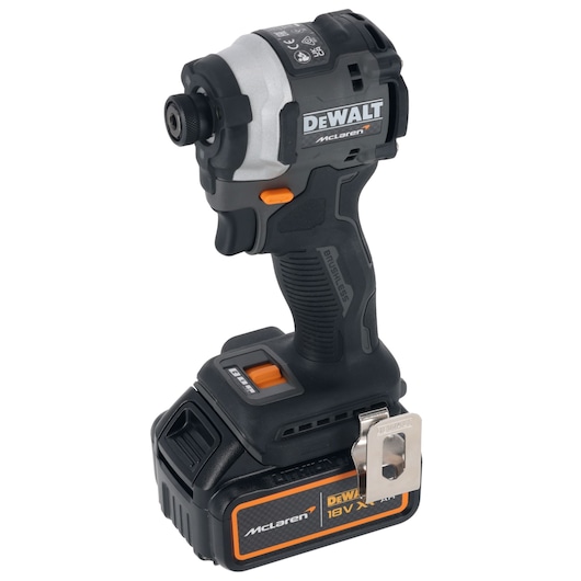 DEWALT McLaren cordless impact driver with 18V battery, black and orange, shown standing upright.
