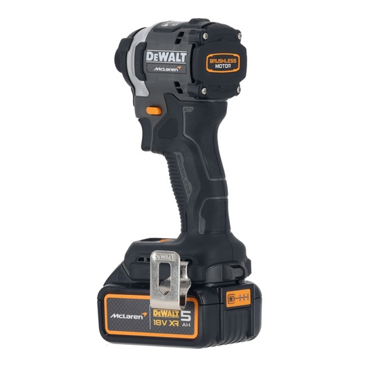 DEWALT 18V XR brushless motor tool with McLaren branding and battery, shown upright on a white background.