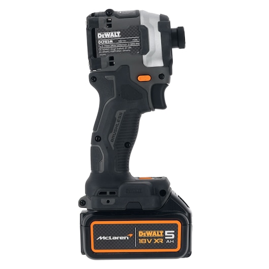 DEWALT DCF85MP2T 18V XR brushless impact driver with McLaren 5 Ah battery, black and orange design.
