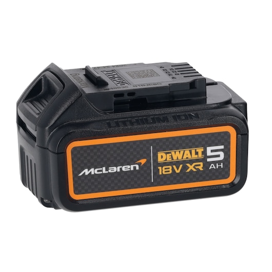 DEWALT 18V XR 5AH McLaren lithium-ion battery for power tools, black and orange color.