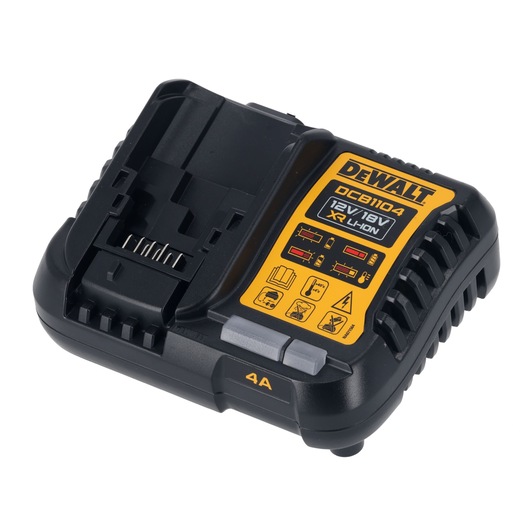 DEWALT battery charger DCB1104 for 12V/18V XR Li-Ion batteries, black and yellow plastic, single charging slot.