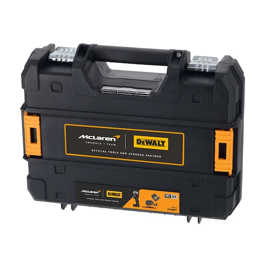 Black DEWALT tool case with McLaren branding, orange clips, sturdy handle, and storage partner label.