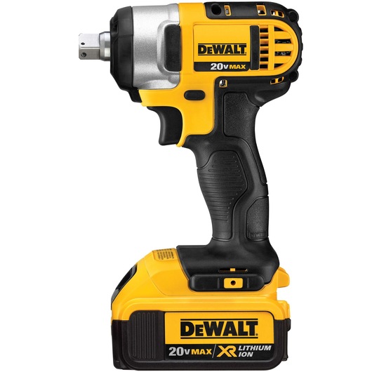 A DEWALT 18V XR Li-Ion cordless impact wrench with a black and yellow ergonomic design, featuring a 4.0 Ah battery attached at the base and a metal belt clip on the side.