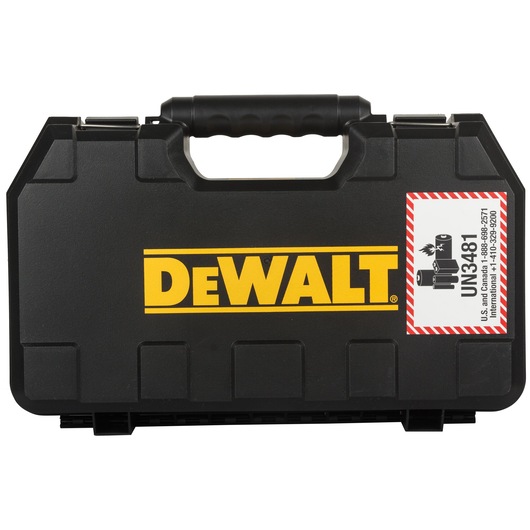 A black DEWALT carrying case with a yellow DEWALT logo printed in the center. There is a handle at the top and a white hazardous material label on the right with red borders, warning about lithium batteries.