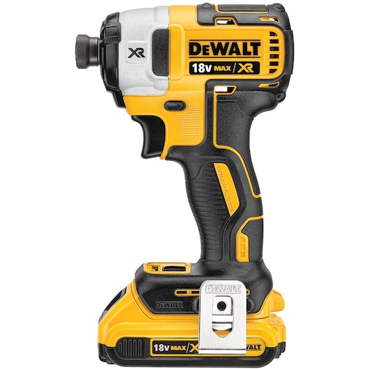 A yellow and black DEWALT 18V XR cordless brushless impact driver, model DCF887D2, shown in a side view with visible branding and battery attached.