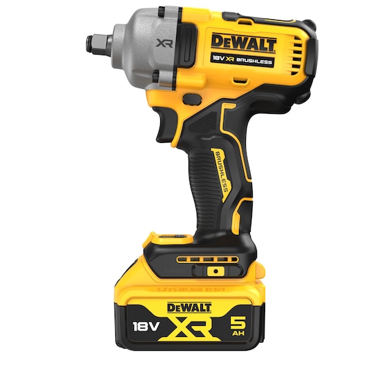 A DEWALT 18V XR Brushless cordless impact wrench with a yellow and black design, featuring a 5Ah lithium-ion battery attached at the base.