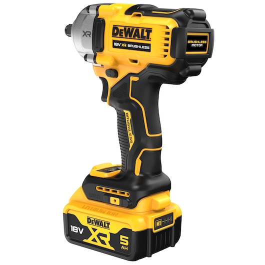 A DEWALT 18V XR Brushless cordless impact wrench with a yellow and black design, featuring a brushless motor and a detachable battery pack labeled 5AH.