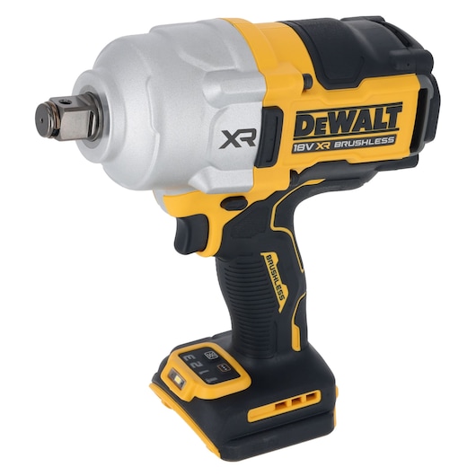 A DEWALT 18V XR brushless cordless impact wrench in yellow and black color, shown without a battery attached. The tool has a robust, ergonomic design with control buttons on the base.