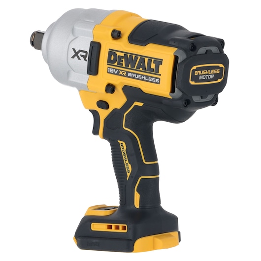 A DEWALT 18V XR brushless cordless impact wrench, featuring a black and yellow design with ergonomic grip and brushless motor labeling. The tool does not have a battery attached.