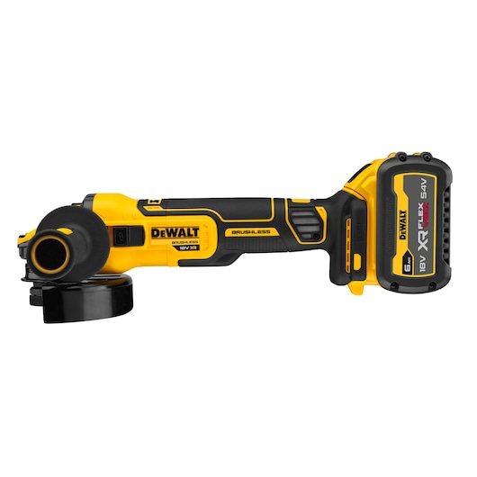 DEWALT cordless yellow angle grinder with brushless motor and battery pack, model DCG409T1.