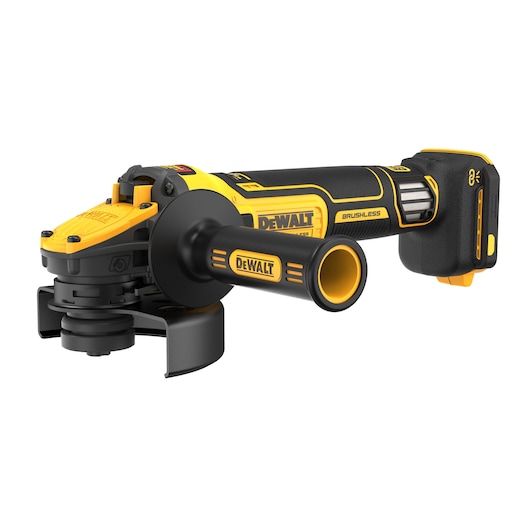A cordless DEWALT brushless angle grinder with a yellow and black handle, featuring a side grip and battery pack.