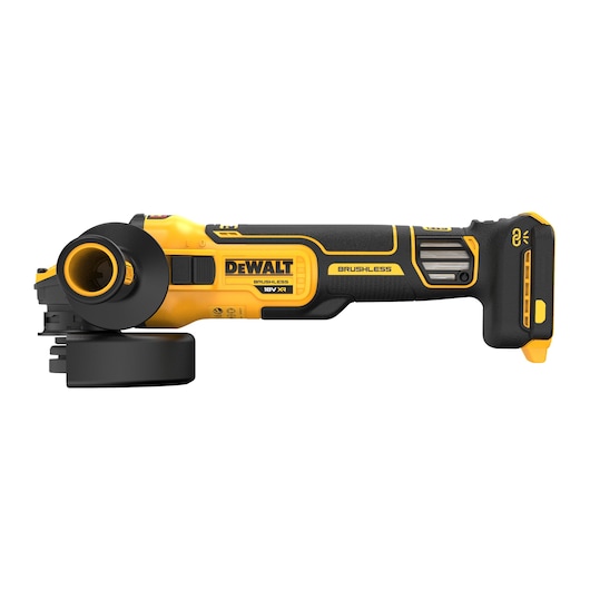 A DEWALT cordless brushless angle grinder in yellow and black color, model DCG409VSN, shown from the side with a visible grinding disc and ergonomic handle.