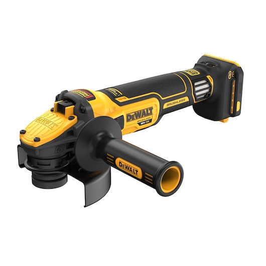 A DEWALT cordless angle grinder with a black and yellow design, featuring a brushless motor and an ergonomic handle. The battery is attached at the rear of the tool.