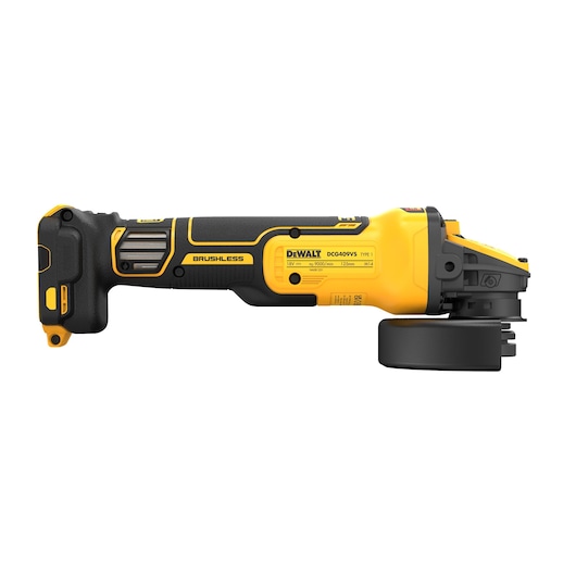 A DEWALT DCG409VSN brushless cordless angle grinder in yellow and black, shown in a side profile view on a white background.