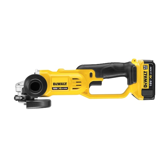 Cordless DEWALT 18V angle grinder with battery, yellow and black, shown in profile on a white background.