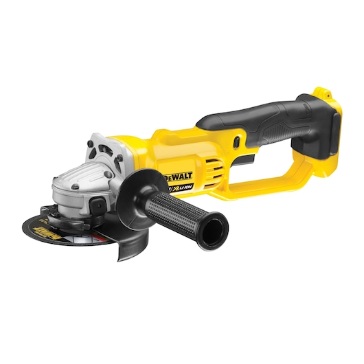 DEWALT cordless angle grinder with yellow and black handle, side grip, and cutting disc on white background.