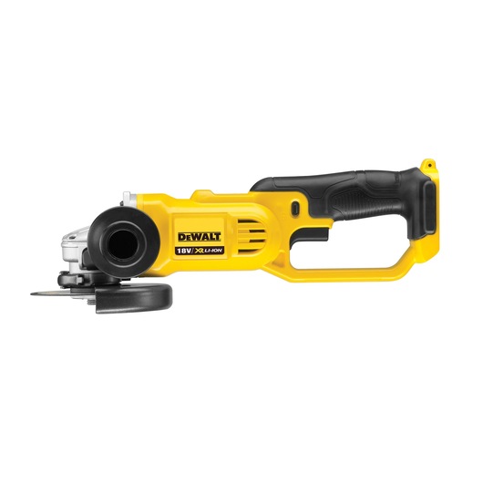 Yellow DEWALT 18V cordless angle grinder tool with black handle, side view, isolated on white.