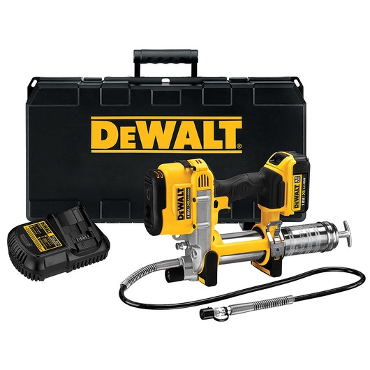 DEWALT cordless grease gun kit with case, battery, charger, and flexible hose visible.