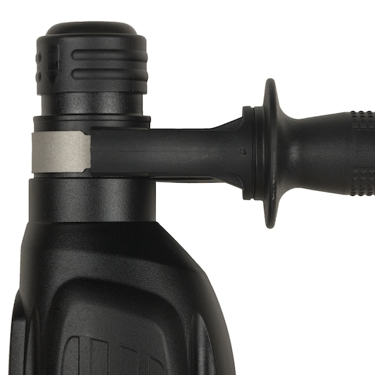 Close-up image of a DEWALT power tool handle and upper body, showing the textured grip and the attachment mechanism.
