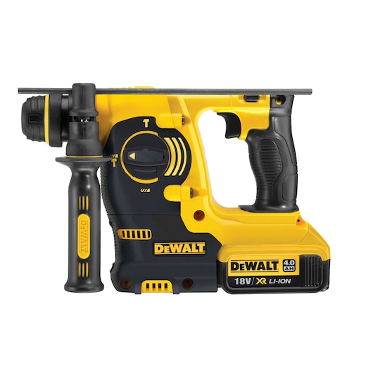 A DEWALT 18V XR Li-Ion cordless rotary hammer drill with a side handle and yellow-black color scheme. The model number is DCH253M2, and the tool has a 4.0 Ah battery.