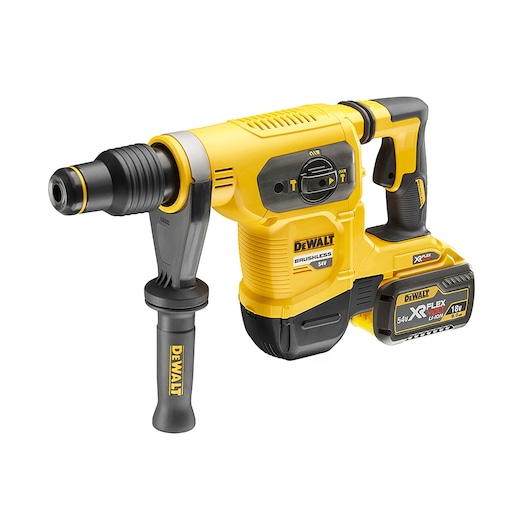 A yellow and black DEWALT cordless rotary hammer drill with side handle and attached XR FLEXVOLT 54V/18V lithium-ion battery.