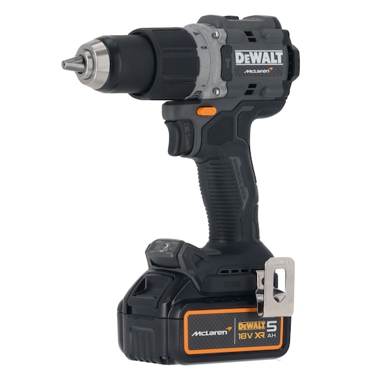 DEWALT cordless power drill with black and orange accents, 18V XR, McLaren edition, battery attached.