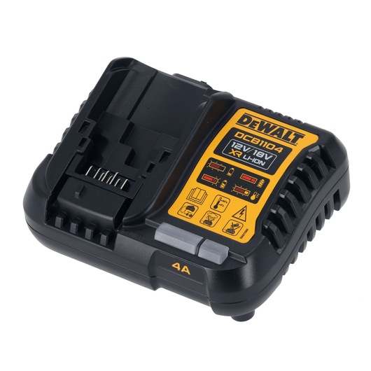 DEWALT DCB1104 battery charger for 12V/18V XR Li-Ion batteries, black and yellow, angled view.
