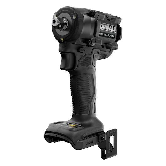 Black DEWALT cordless impact wrench Special Edition, shown angled with trigger and mounting clip visible.